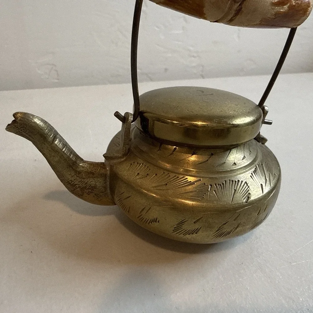 Vintage Miniature Brass Teapot Etched Wood Handle Dollhouse Collectible India